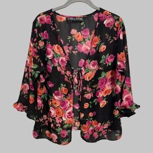A Wild Thyme Y2K Womens Semi Sheer Dark Floral Kimono Blouse Whimsigoth Fairy M